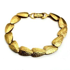 VINTAGE GOLD TONE Articulated Hammered Leaf Bracelet Designer Style 8”